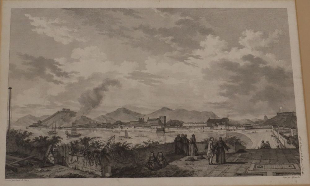 After Gaspard Duche de Vancy (1756-1788), 18th century black and white engraving, Waterfront scene with Chinese traders from Atlas du V